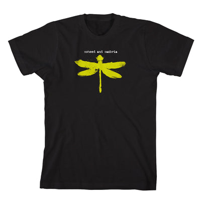 Black T Shirt. There is a solid yellow Dragonfly design in the middle of the shirt. The text "coheed and cambria" is printed above the dragonfly.