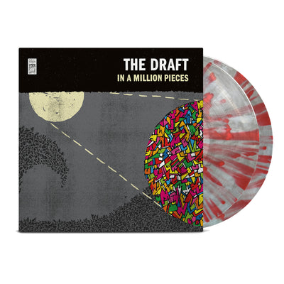 Translucent, gray vinyl with red splatter printed around it. Jacket of vinyl is a gray background with a tan circle in the upper left corner, projecting to a bigger circle in the bottom right corner that is made up of different shapes in different colors. Bottom of jacket is a dark gray wave. "THE DRAFT, IN A MILLION PIECES" is printed on top right of the jacket 