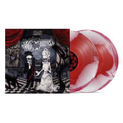 Vinyl cover with a picture of a skeleton bride and groom in a gothic style ballroom with a checkered floor and red curtains. There is a vinyl sticking out of the cover that is red/white in color.