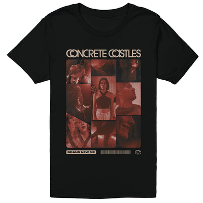 A collage of images of the band's members with a red tint. The words "Concrete Castles" are at the top of the shirt, with "Brand New Me" in smaller text near the bottom.