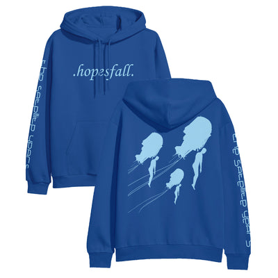 Royal blue hoodie with words on front and left sleeve, and design on back.