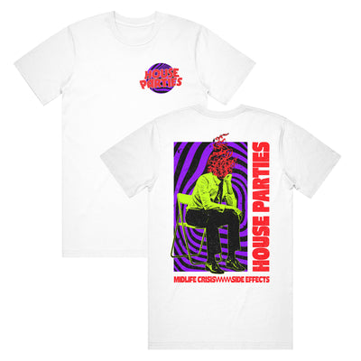 White t-shirt with "HOUSE PARTIES" written in red font covering a purple and black circle on top right of shirt. Back of shirt has a picture of a person in a tie and slacks sitting in a chair with red flames instead of a head. The background has black and purple swirls. The side of the picture has "HOUSE PARTIES" written sideways in a red font. Below the picture is printed "MIDLIFE CRISIS, SIDE EFFECTS".