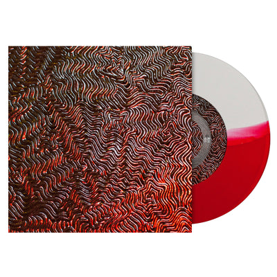 Record and jacket against white background. Vinyl is white and red split through the center. Jacket is a picture of black and red squiggly lines going different directions.