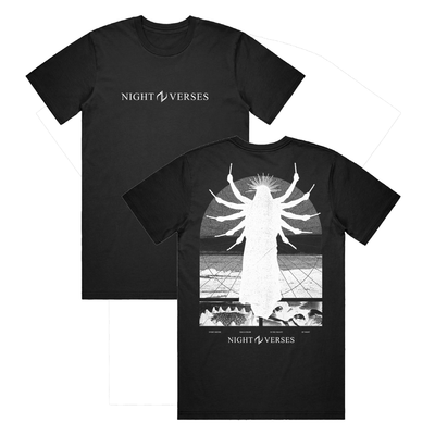 Black T-shirt with white text "NIGHT VERSES" on the front. The back of the shirt has an arched window design with the outline of a person inside it. The person has 10 arms, each with a stick in its hand. There is also a spiked crown coming from the person's head.