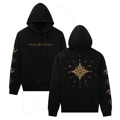 Black pullover hoodie. Hoodie has gold print on the front with the text "NIGHT VERSES". The back has a compass design, with The text "NIGHT VERSES" encircling it. The right sleeve has four golden cursive "V"'s going down the sleeve.