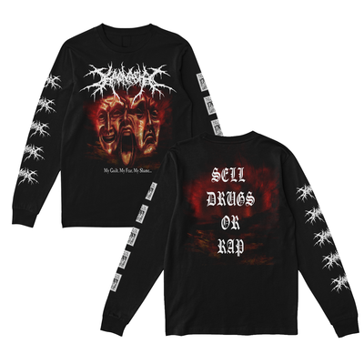 A black long Sleeve shirt with Three faces on the front. All with sad Expressions. On The back of the shirt it says "Sell Drugs or Rap" There are also band logos on the sleeves.