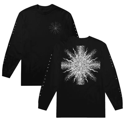 Black long-sleeve shirt with design printed on front, back, and each sleeve.