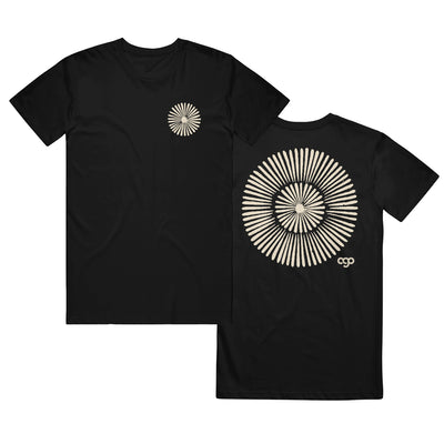 Black t shirt against white background. Front of shirt has a beige circle design on upper right corner. Back of shirt has a larger version of the same symbol in the center, and "AGO" printed in right corner.