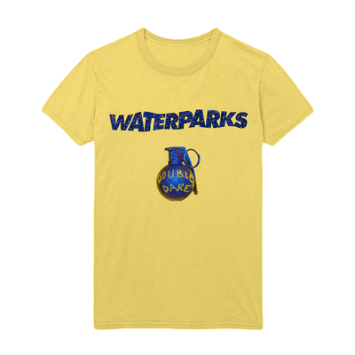 Butter colored T shirt with the text "WATERPARKS" printed across the top. There is a blue grenade underneath the text. The words "DOUBLE DARE" are etched into the grenade.