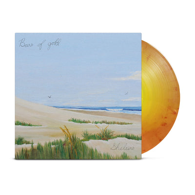 Orange and yellow vinyl. Vinyl jacket has picture of beach painting with sand, water, grass, and blue sky. Top left corner has "BARS OF GOLD" printed in small, cursive font and "SHELTER" printed in small, cursive font.