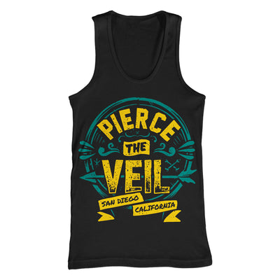 Black no sleeves shirt with green and yellow logo on it that reads, PIERCE THE VEIL, and below that SAN DIEGO CALIFORNIA.