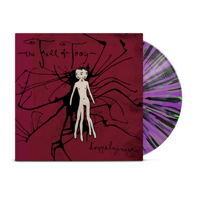 Purple vinyl with neon green and black splatter.  The jacket is a crimson red. The text "The fall of Troy" is printed on the front of the jacket. There is a drawing of conjoined twins in the center. There are black roots that twist and turn in many different ways coming from the twins.