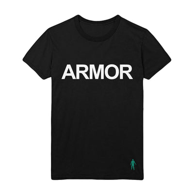 Black short sleeve shirt with ARMOR written on the chest in large white font. In the bottom right is a small threaded figure.