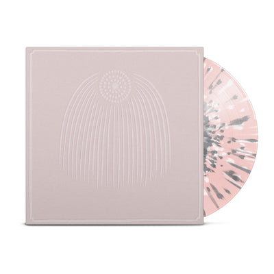 All Get Out self titled LP. Pink vinyl with grey and white splatter. Vinyl jacket is a pink/tan color with simple drawing of a circle in the top center of jacket. The circle is made up of dots and several straight lines are stemming down from the circle.