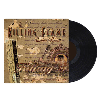 Black record against white background. Record sleeve is a picture of brown paper with rips in it and script covering the paper in the background. There is a picture of someone holding a guitar in the bottom right corner. The bottom left corner depicts a ticket. "THE KILLING FLAME ANOTHER BREATH" is printed at the top of the cover in red font.