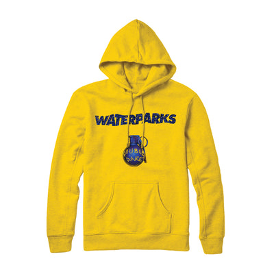 Yellow pullover hoodie with WATERPARKS written across the chest in dark blue lettering, Below that is a drawing of a dark blue grenade that says DOUBLE DARE in yellow writing on it.