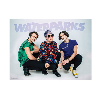 White poster with the 3 members of the band waterparks all kneeling on the ground.  Above them there is text that reads WATERPARKS.