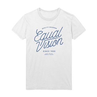 White t shirt with blue font that reads Equal Vision very large.  There is smaller text on the shirt that reads QUALITY RECORDS and SINCE 1990.