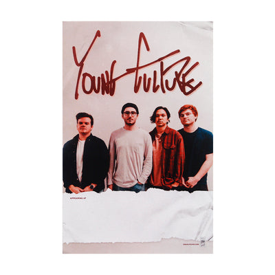 Band members standing four across in front of a white back drop. There is red text above them, that says YOUNG CULTURE.