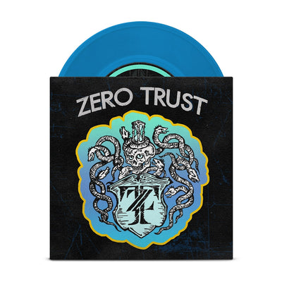 Black vinyl jacket with ZERO TRUST written across the top. Below the text is a drawing of a skeleton with snakes surrounding it, drawn in white. Below the skeleton is a crest that has the letters Z and T written inside it. Peeking out of the top of the vinyl jacket is a blue vinyl.