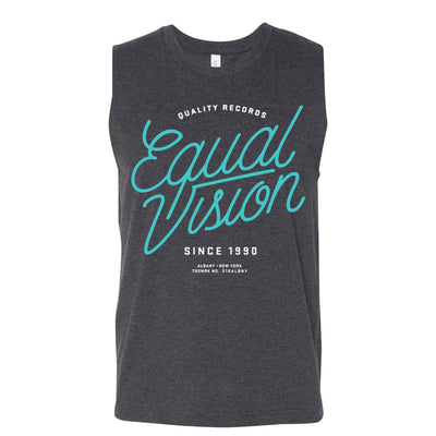 Gray sleeveless top against white background. Center of shirt has "EQUAL VISION" printed in teal cursive. Above has "QUALITY RECORDS" printed in white and below has "SINCE 1990" printed in white.