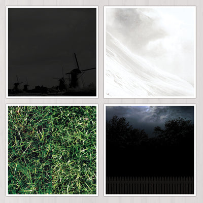 Four piece art print with a set of images. In the top left, there is a dark black and white photo of windmills. Below that is an up close photo of grass. To the right of that, there is an image of tree tops with dark clouds above. Above that is a completely white image of waves.