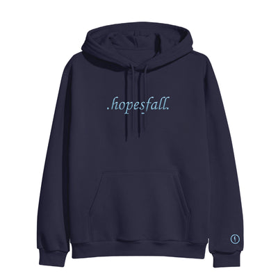 Navy blue pullover with "hopesfall" printed in center of hoodie in light blue color. Picture of a floating blue silhouette with a circle around it in same blue color is printed on the bottom right sleeve.