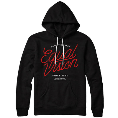 Black hoodie against white background. Center of hoodie has "EQUAL VISION" printed in red cursive. Above has "QUALITY RECORDS" printed in white and below has "SINCE 1990" printed in white.