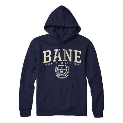 Navy pullover hoodie with the text "BANE" printed in bold cream color in the top center. Right below is the text "DON'T WAIT UP" in same cream color. Below that is a emblem of an hourglass with leaves on either side in same cream color.