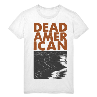 White short sleeve shirt with text that says DEAD AMERICAN. Below that is a glitchy black and white image.