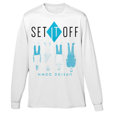 White long-sleeve shirt with "SET IT OFF" printed in top center of shirt. "SET" and "OFF" are printed in black and "IT" is printed in white and outlined in a solid blue diamond. Below the words are the 4 band members standing upside-down in a line. They are printed in blue and white. Below them is "UPSIDE DOWN" printed upside-down.