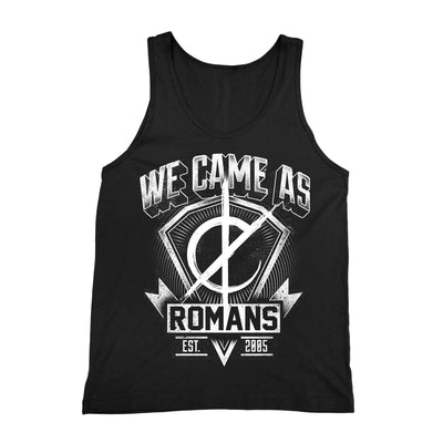 Black tank top with the text "WE CAME AS" in 3D lettering across the top. There is a diamond shaped design underneath with an almost complete circle. Underneath the design is the text "ROMANS" "EST. 2005". The entire design is in black and white