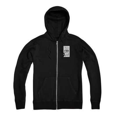 Black Zip Up hoodie with an equal vision records logo on the right upper part of the hoodie.