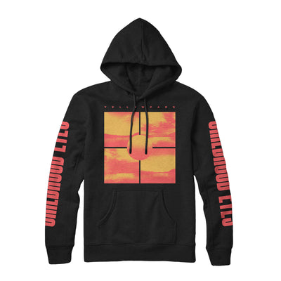 Black hoodie with square design on center made up of 4 yellow and orange squares and a yellow/orange sphere in the center. Each sleeve is printed with "CHILDHOOD EYES" in a burnt orange font. Above center of hoodie reads "YELLOWCARD" in a burnt orange font.