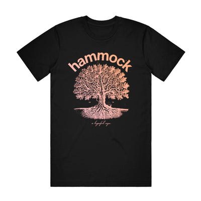 Black t-shirt with picture of big, full tree in center of shirt. "HAMMOK" is printed above shirt and around top of the tree. "A HOPEFUL SIGN" is printed below tree in small, cursive font in the center. All printed in salmon color.