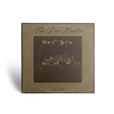 Cover of CD has black and white picture of band performing at live show. "THE DEAR HUNTER" is printed in cursive above picture, and "LIVE" is printed below picture in cursive. 