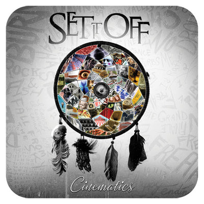 A Square sticker with the "Set it off" band logo on the top. In the middle is an image of a dream catcher with many colorful images inside. The Background of the poster is white with the many words drawn in pencil. The word "Cinematics" is printed in cursive on the very bottom.