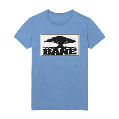 Light blue t-shirt with white box in center of shirt towards the top. Box has a silhouette drawing of a black tree with the text "BANE" right below it in a bold black font. 