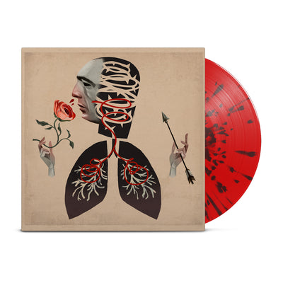 Red vinyl with black splatter. The jacket is a faded brown color. The design is of a head with a distinct face. The head is connected to two lungs. There are hands on either side of the design. The right hand is holding a rose. The mask is smelling the rose, and red swirly lines are seen going from the nose to the lungs. The left hand holds an arrow.