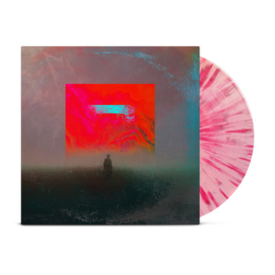 Pink vinyl with neon magenta splatter. Front of vinyl has picture of person standing in center with a red box printed above them. Red box has a bright teal line on it towards the top, and the bottom side has dark swirls. Bottom half of picture is dark and the upper half is lighter grey.