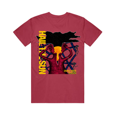 Chili colored T shirt. The band name "HAIL THE SUN" is printed on the left side going down vertically in yellow lettering. The words "DIVINE INNER TENSION" are printed small on the bottom right. The main image is a Red figure with its head split open. Pouring out of its head is a bright orange sun, with black space leaking out. There is also coiled metal surrounding the figure.