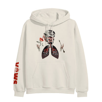 White pullover hoodie. The center of the hoodie has an image of two lungs connected to a head looking to the right. The right hand of the man holds a rose, and the left hand holds an arrow. the man is smelling the rose. The text "VOWS" is on the right sleeve near the cuff.