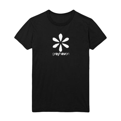 Black short sleeve shirt with white flower design. Below that, "greyhaven" is written in white lowercase lettering.