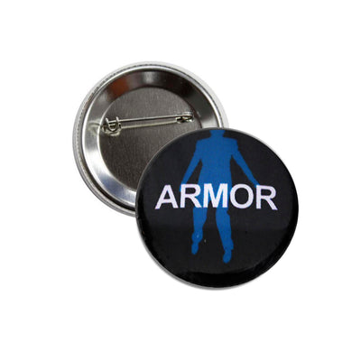 A circular black pin with the text "armor" in the middle. There is an outline of a man behind the text. He is completely blue.