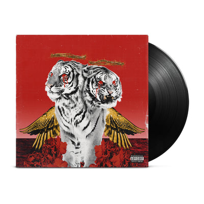 Vinyl jacket  with two white tigers in the center. The tigers have yellow wings and red dripping from their eyes. There is a black vinyl peeking out of the side of the jacket.