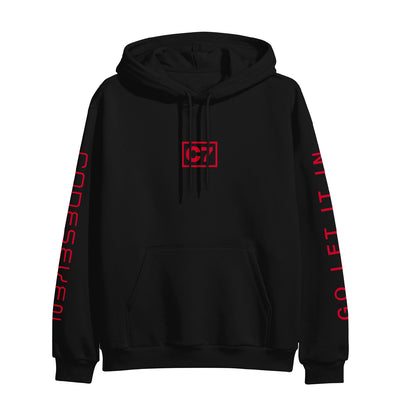 Black hoodie with "C7" outlined in a rectangle printed in upper center in red. Left sleeve has "CODESEVEN" printed and right sleeve has "GO LET IT IN" printed. Both in red.