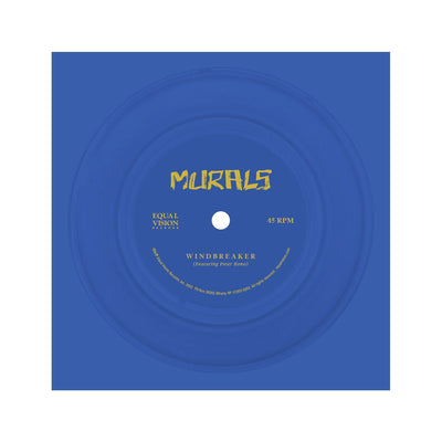 Blue flexi with yellow text in the center that says MURALS. There is smaller text to the left that says Equal Vision, and text to the right that says 45 RPM.