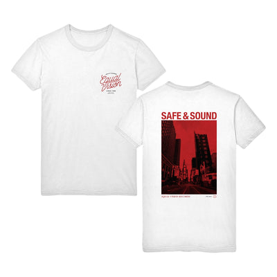 White t shirt against white background. Front of t shirt has "EQUAL VISION" printed in red cursive in upper right corner. Above has "QUALITY RECORDS" printed in black and below has "SINCE 1990" printed in black. Back of t shirt has a red and black picture of a city with "SAFE AND SOUND" printed above the picture in the center.