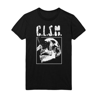 Black t-shirt with a white skull and an axe that is piercing through the eye of the skull in center of shirt. "C.L.S.M." is printed in center above the picture in white.