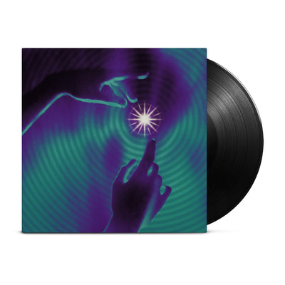 Vinyl jacket with a drawing of two hands reaching for a star. Around the star and covering the whole album cover is a ripple effect drawn in purple and green. Peeking out of the vinyl jacket is a black vinyl.